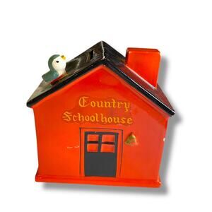 Vintage Lego Japan Ceramic Country Schoolhouse Bank Red Bird on Roof